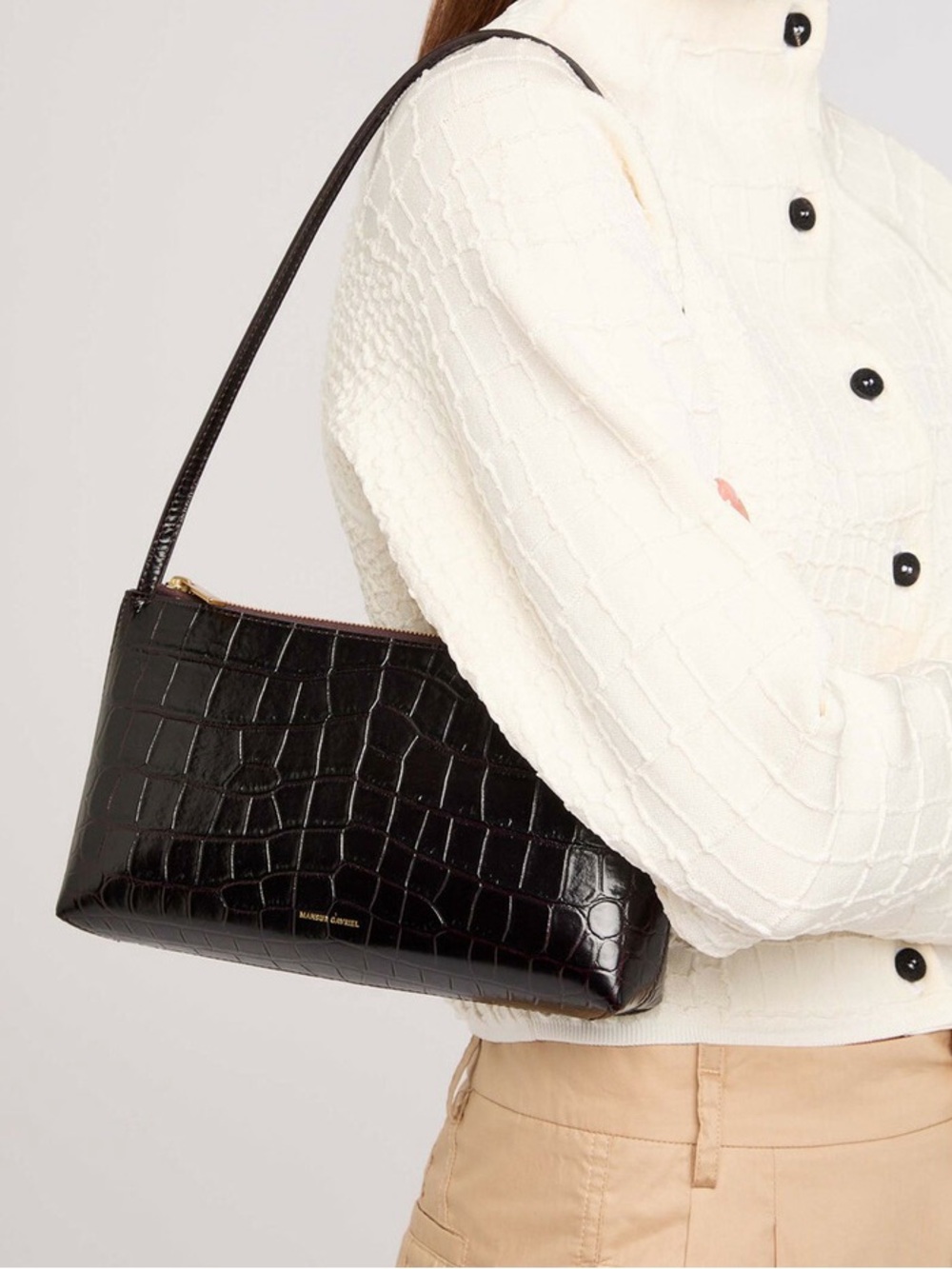 Mansur Gavriel Gaia Crocodile Effect Glossed Leather Shoulder Bag in Chocolate